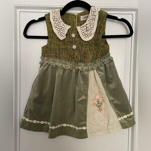 Souris Green Velvet Cream Peter Pan Lace Collar Floral Button Cottagecore Dress